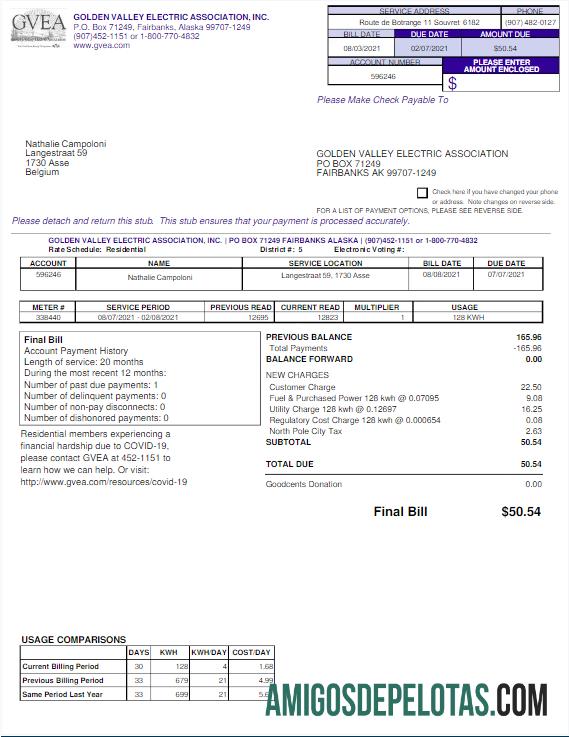Para baixar modelo Word e PDF de conta de serviços públicos GVEA dos EUA